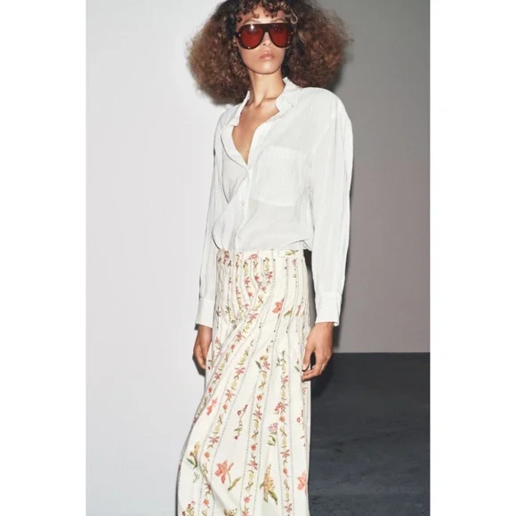 Zara 🔥 Pleated Floral Midi Skirt Botanical Flowy Cottagecore Prairie Cotton XL - Picture 6 of 16